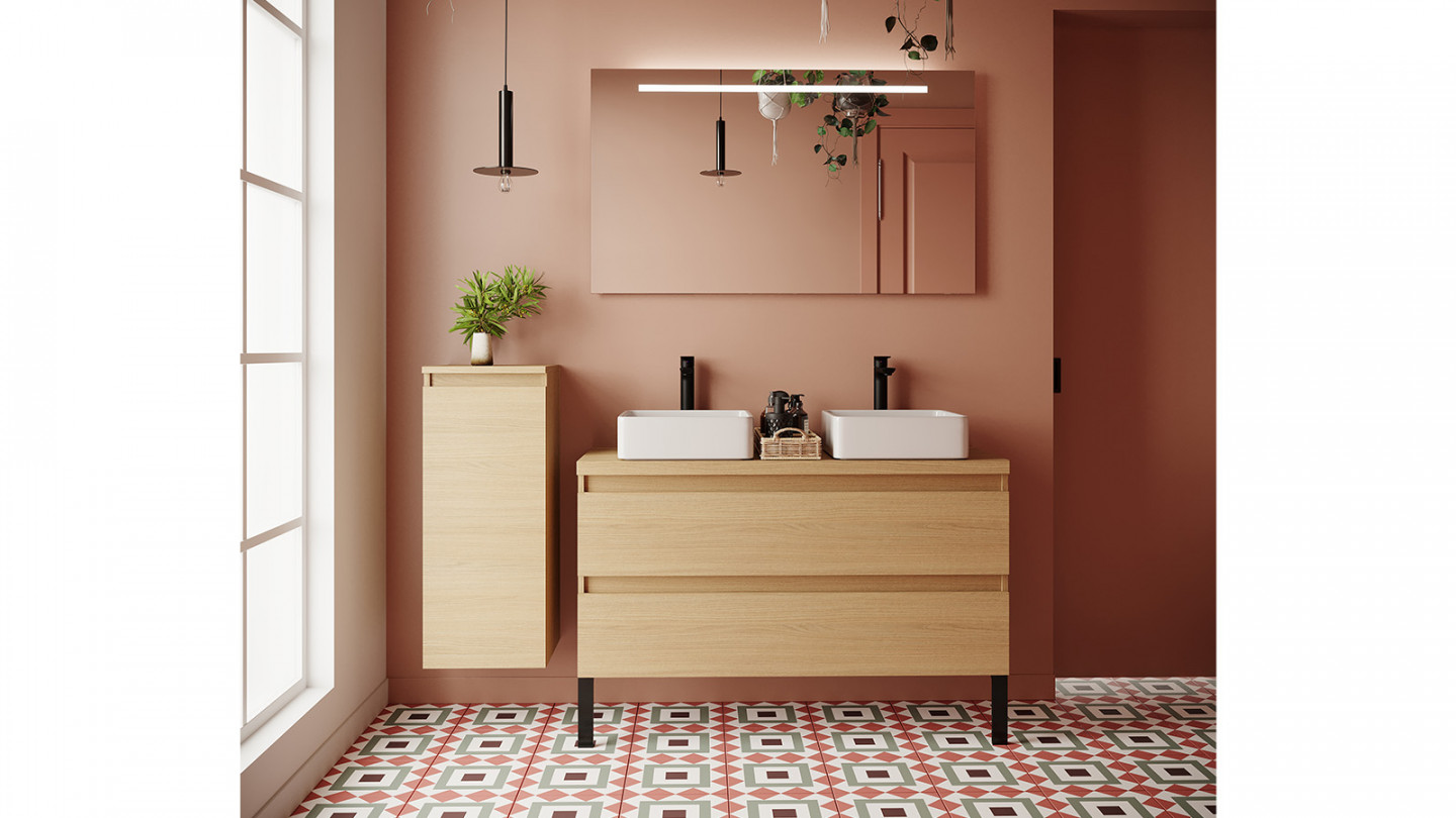 Meuble de salle de bain suspendu 2 vasques à poser 120cm 2 tiroirs Chêne clair + miroir + colonne ouverture gauche - Rivage