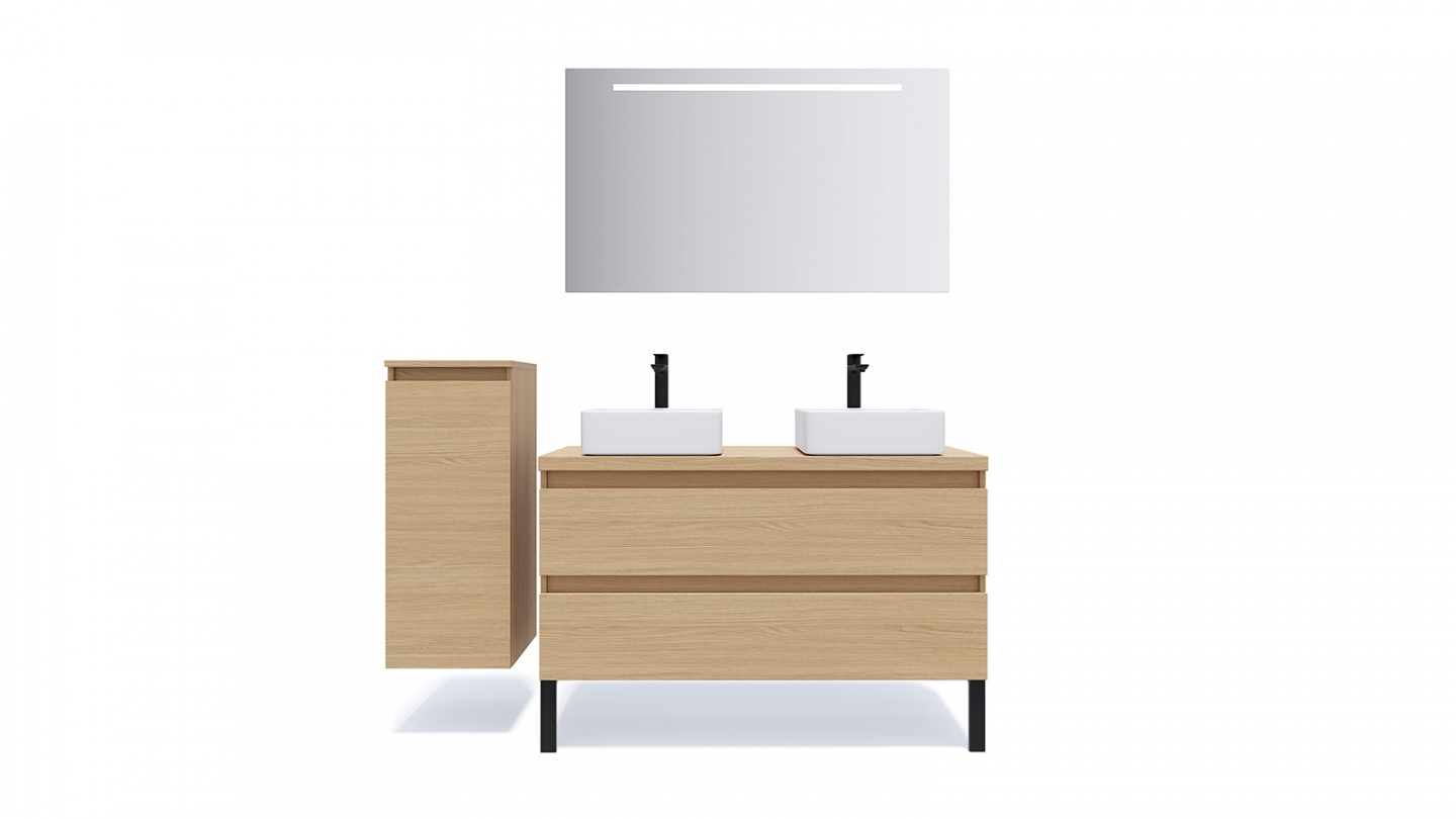 Meuble de salle de bain suspendu 2 vasques à poser 120cm 2 tiroirs Chêne clair + miroir + colonne ouverture gauche - Rivage