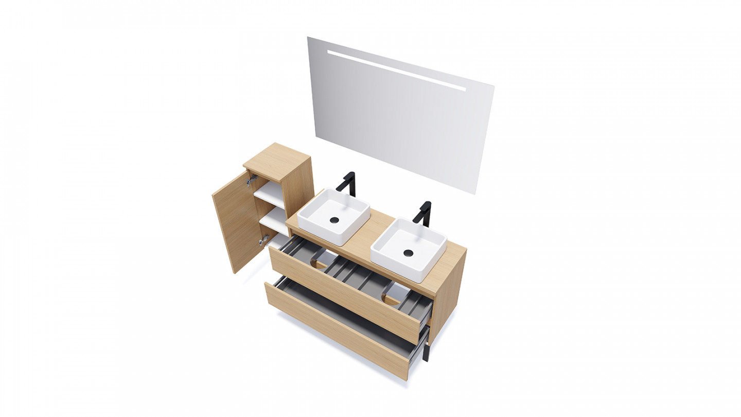 Meuble de salle de bain suspendu 2 vasques à poser 120cm 2 tiroirs Chêne clair + miroir + colonne ouverture gauche - Rivage