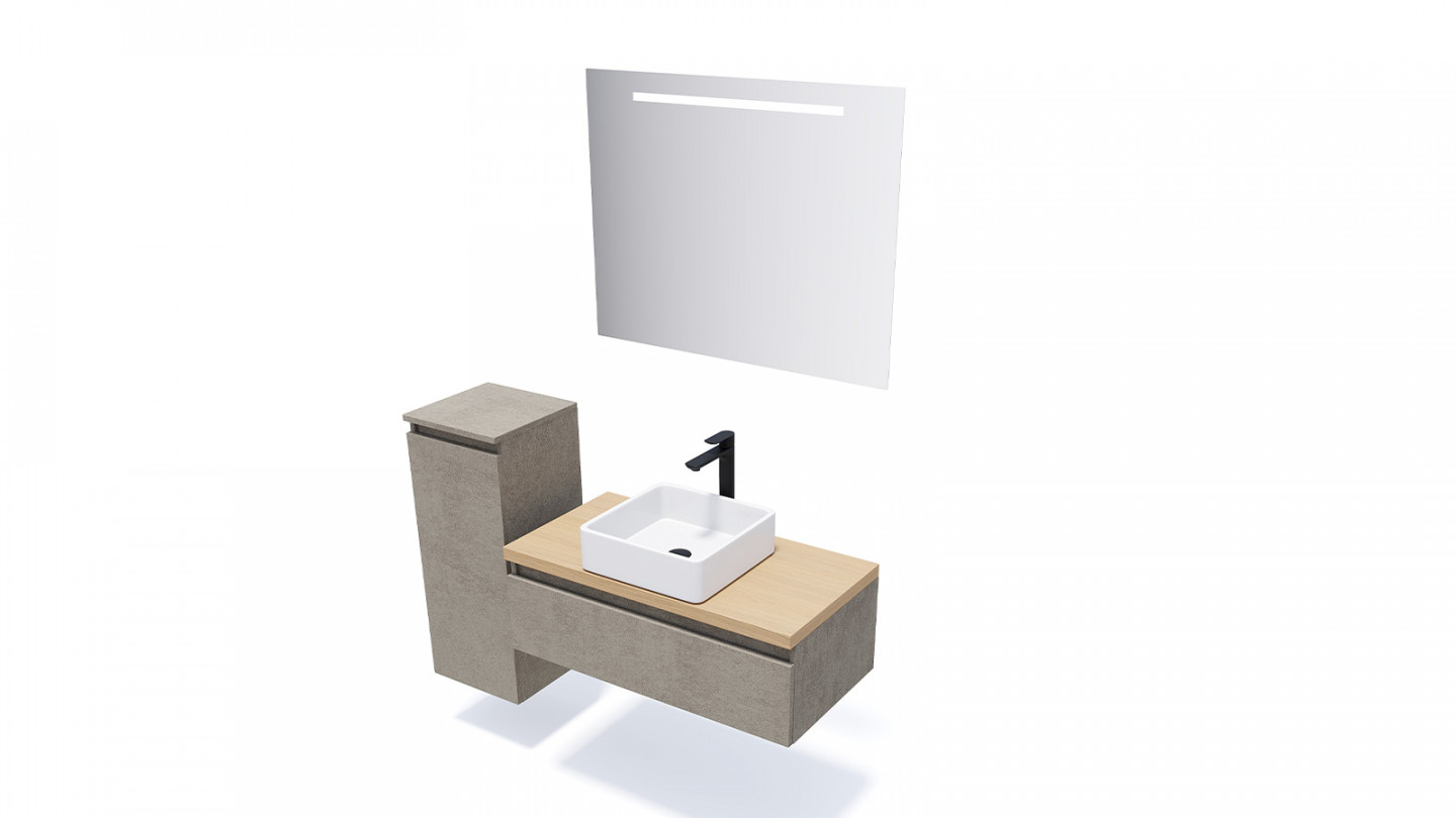 Meuble de salle de bain suspendu vasque à poser 90cm 1 tiroir façon Béton + miroir - Rivage