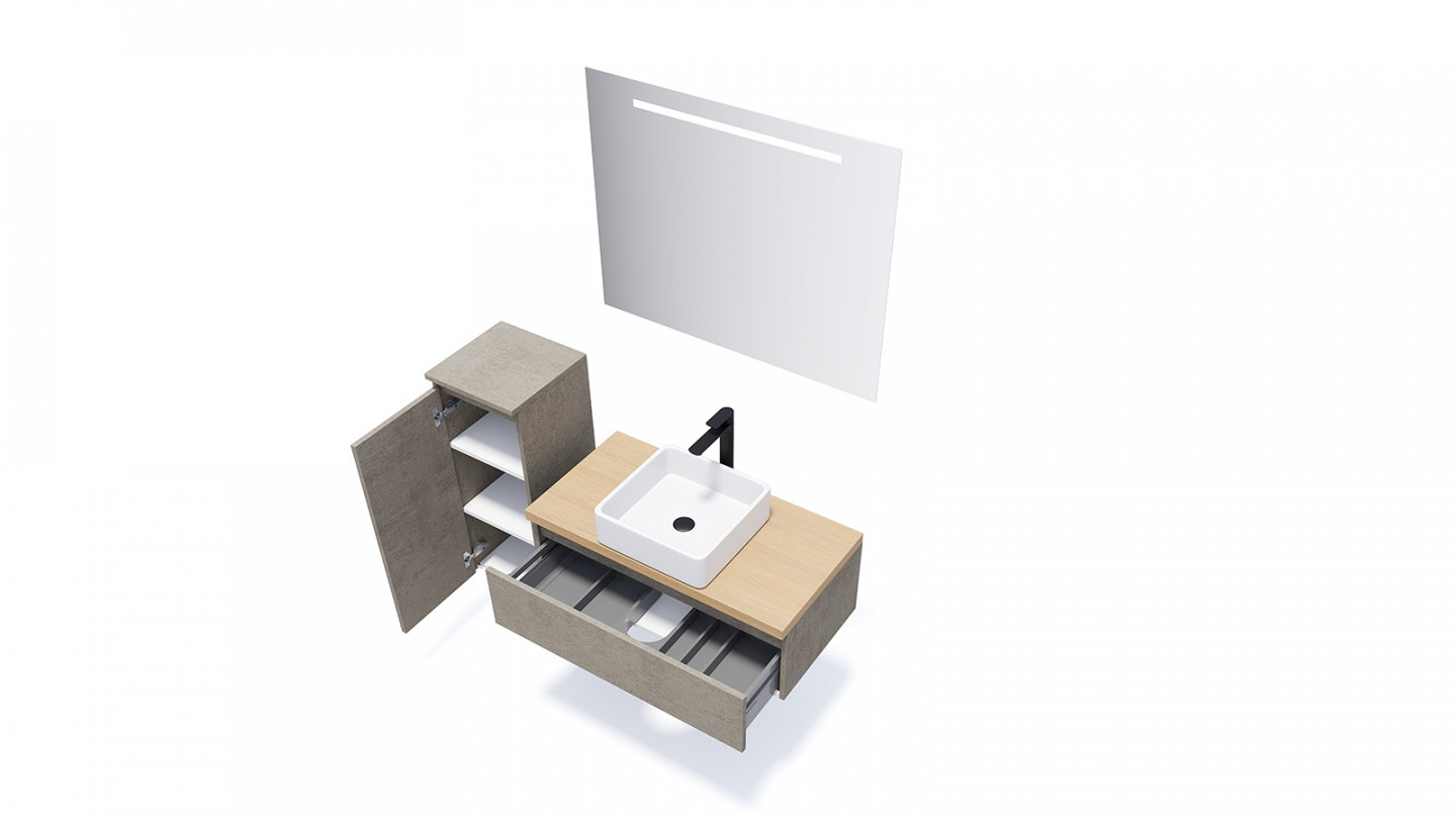 Meuble de salle de bain suspendu vasque à poser 90cm 1 tiroir façon Béton + miroir - Rivage