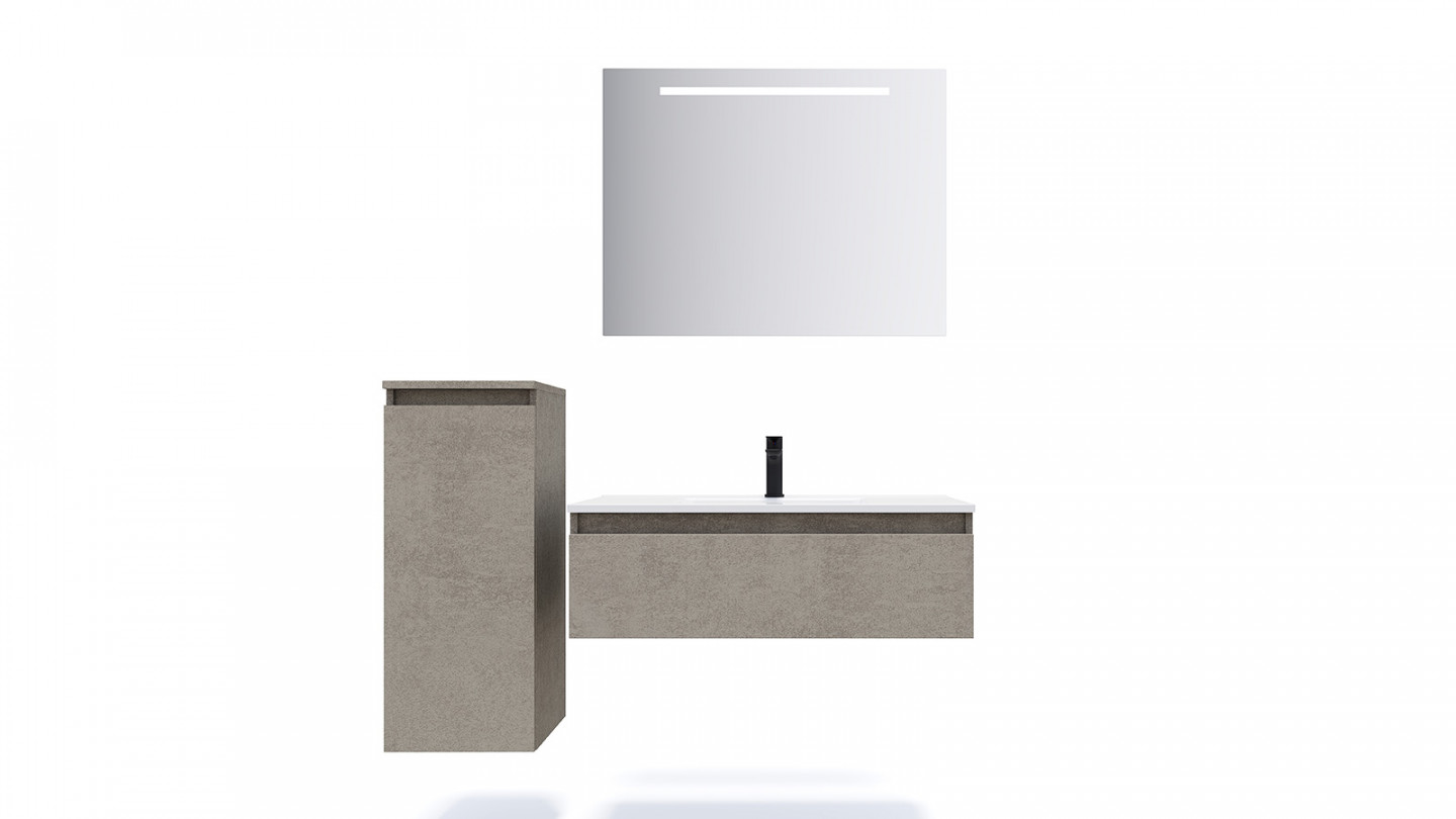 Meuble de salle de bain suspendu vasque intégrée 90cm 1 tiroir façon Béton + miroir - Rivage