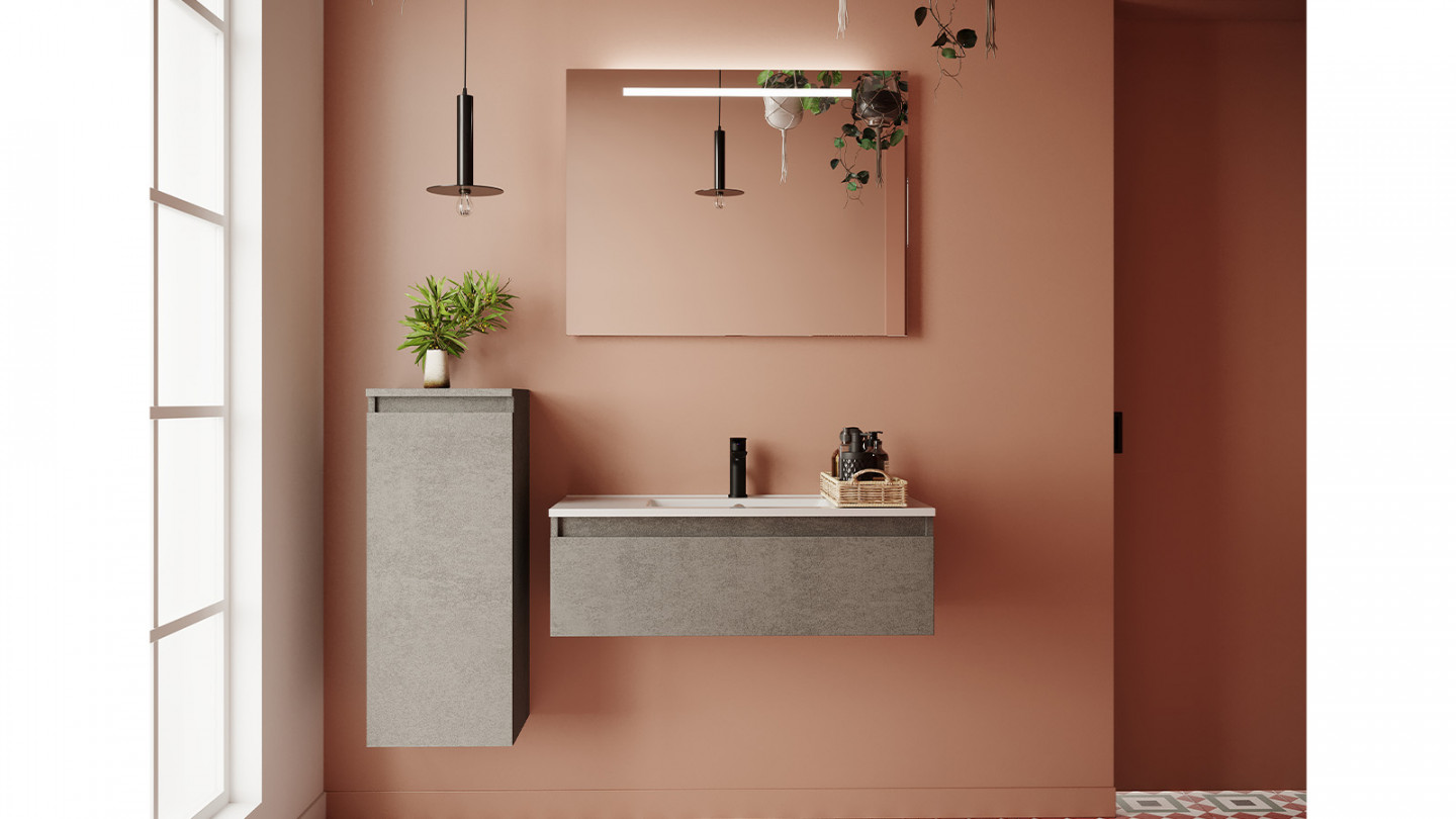 Meuble de salle de bain suspendu vasque intégrée 90cm 1 tiroir façon Béton + miroir + colonne ouverture gauche - Rivage