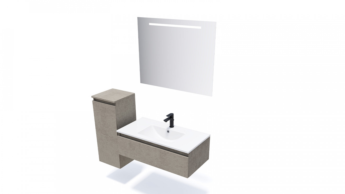 Meuble de salle de bain suspendu vasque intégrée 90cm 1 tiroir façon Béton + miroir + colonne ouverture gauche - Rivage