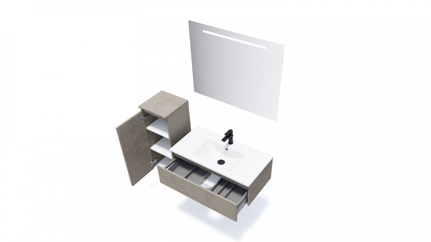 Meuble de salle de bain suspendu vasque intégrée 90cm 1 tiroir façon Béton + miroir + colonne ouverture gauche - Rivage