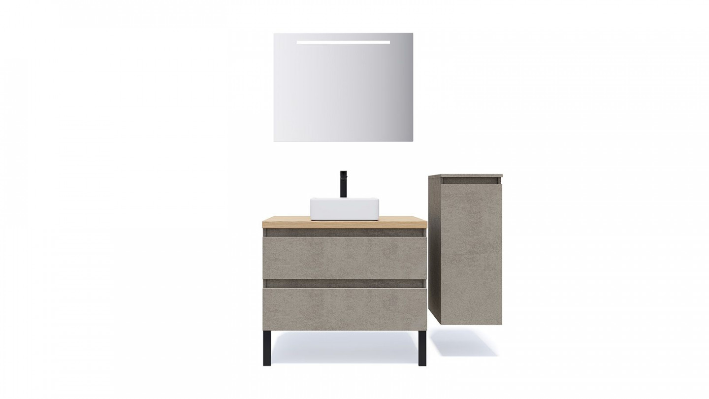 Meuble de salle de bain suspendu vasque à poser 90cm 2 tiroirs façon Béton + miroir + colonne ouverture droite - Rivage