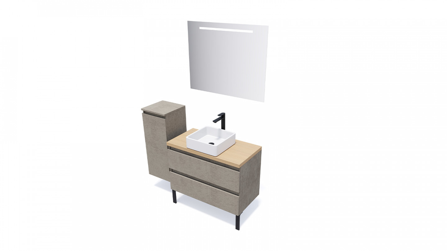 Meuble de salle de bain suspendu vasque à poser 90cm 2 tiroirs façon Béton + miroir + colonne ouverture gauche - Rivage