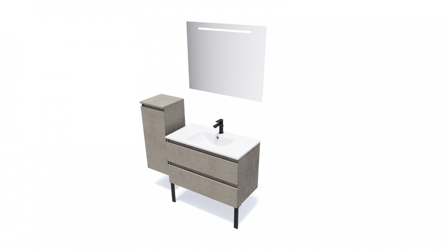 Meuble de salle de bain suspendu vasque intégrée 90cm 2 tiroirs façon Béton + miroir + colonne ouverture gauche - Rivage