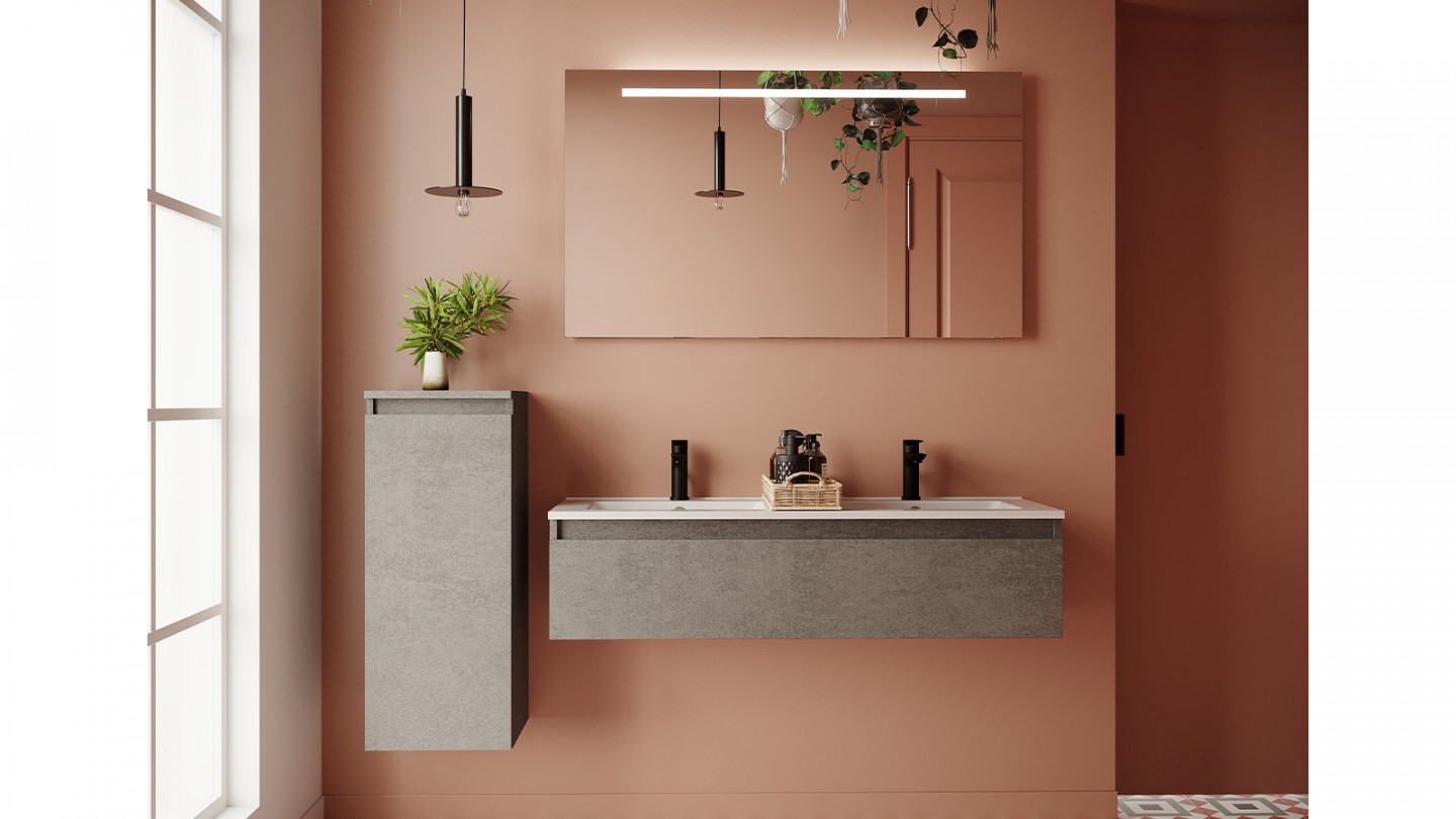 Meuble de salle de bain suspendu double vasque intégrée 120cm 1 tiroir façon Béton + miroir - Rivage