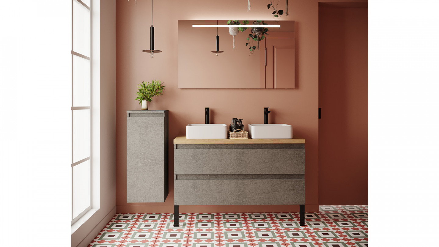 Meuble de salle de bain suspendu 2 vasques à poser 120cm 2 tiroirs façon Béton - Rivage