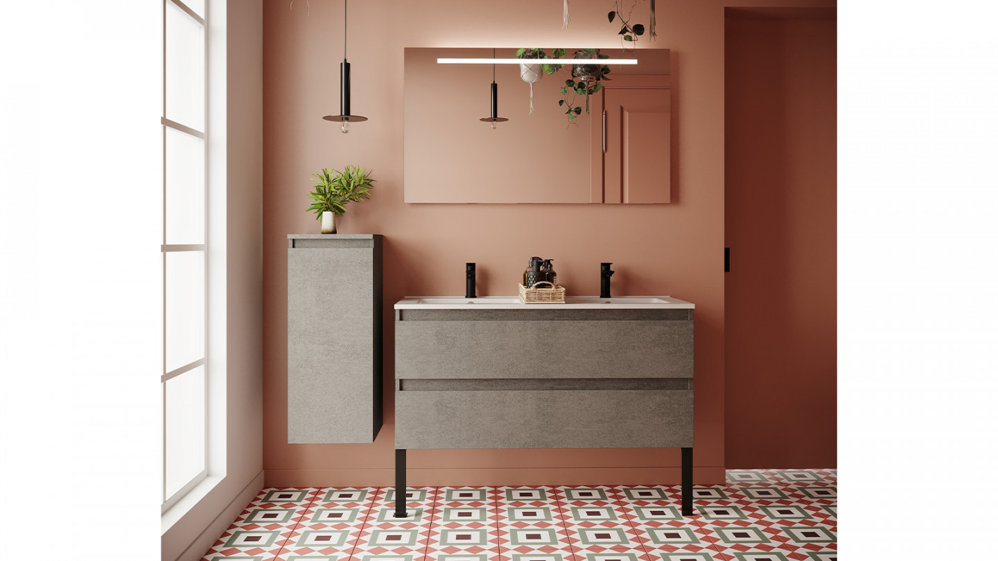Meuble de salle de bain suspendu double vasque intégrée 120cm 2 tiroirs façon Béton - Rivage