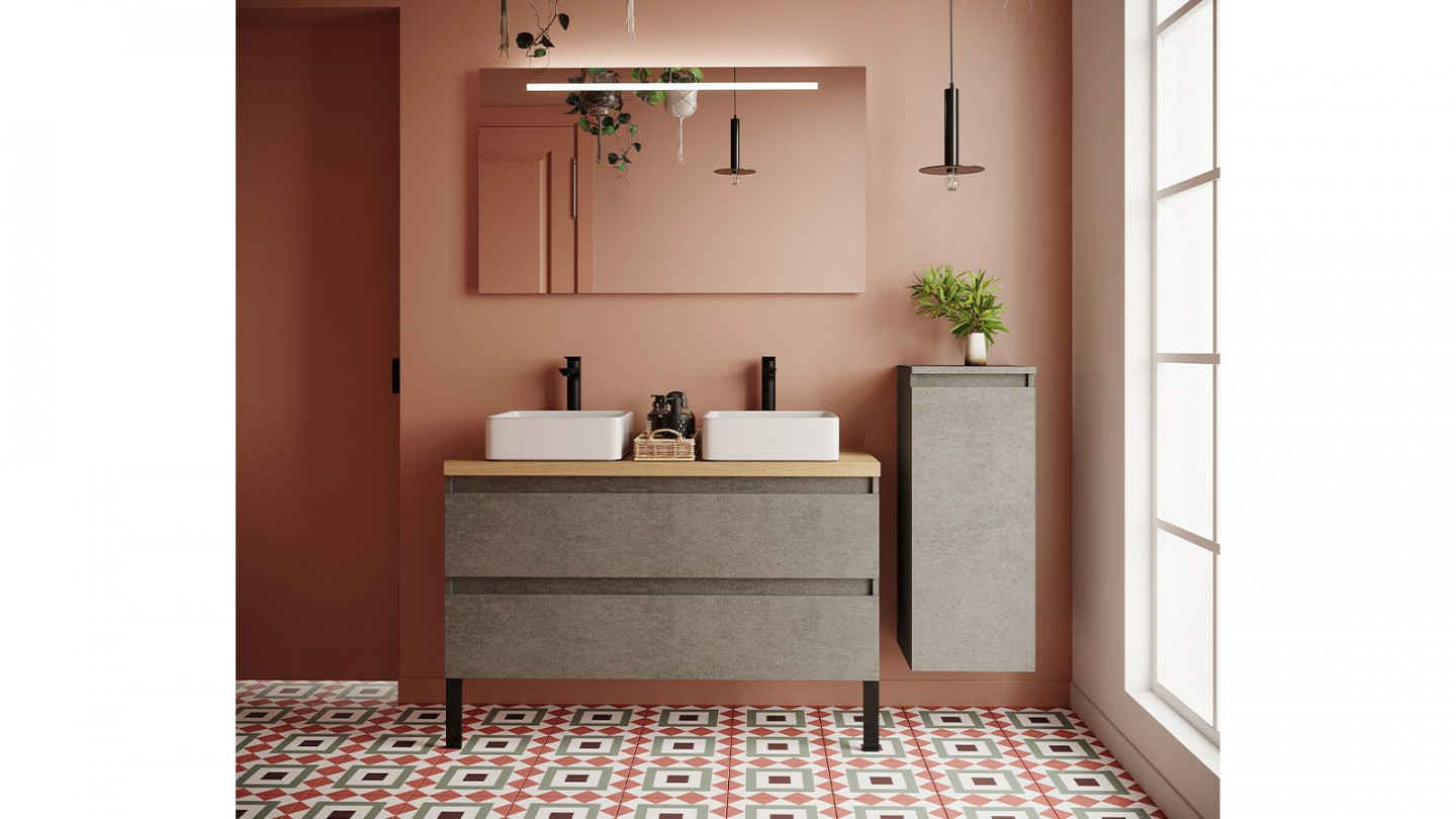 Meuble de salle de bain suspendu 2 vasques à poser 120cm 2 tiroirs façon Béton + miroir + colonne ouverture droite - Rivage