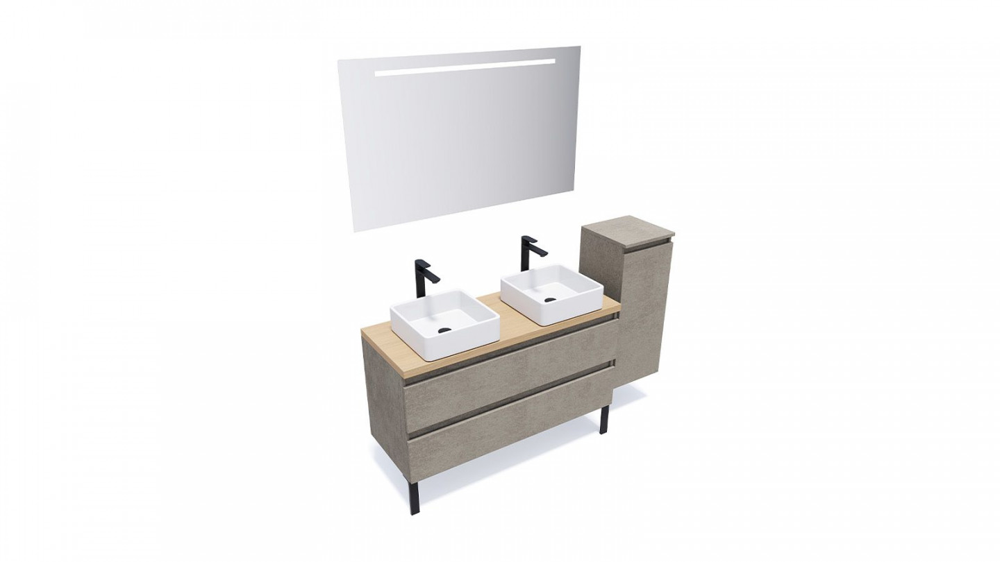 Meuble de salle de bain suspendu 2 vasques à poser 120cm 2 tiroirs façon Béton + miroir + colonne ouverture droite - Rivage