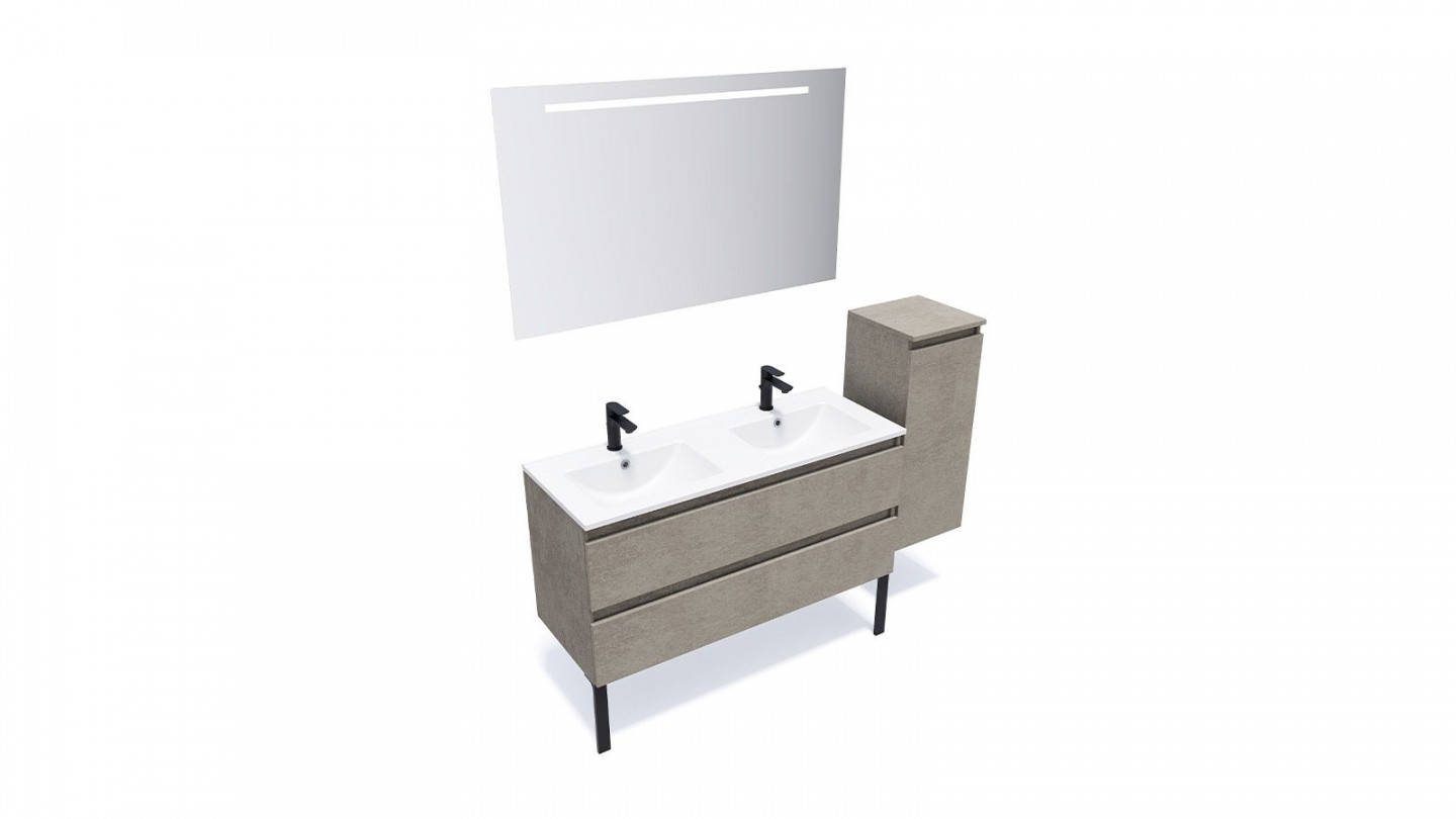 Meuble de salle de bain suspendu double vasque intégrée 120cm 2 tiroirs façon Béton + miroir + colonne ouverture droite - Rivage