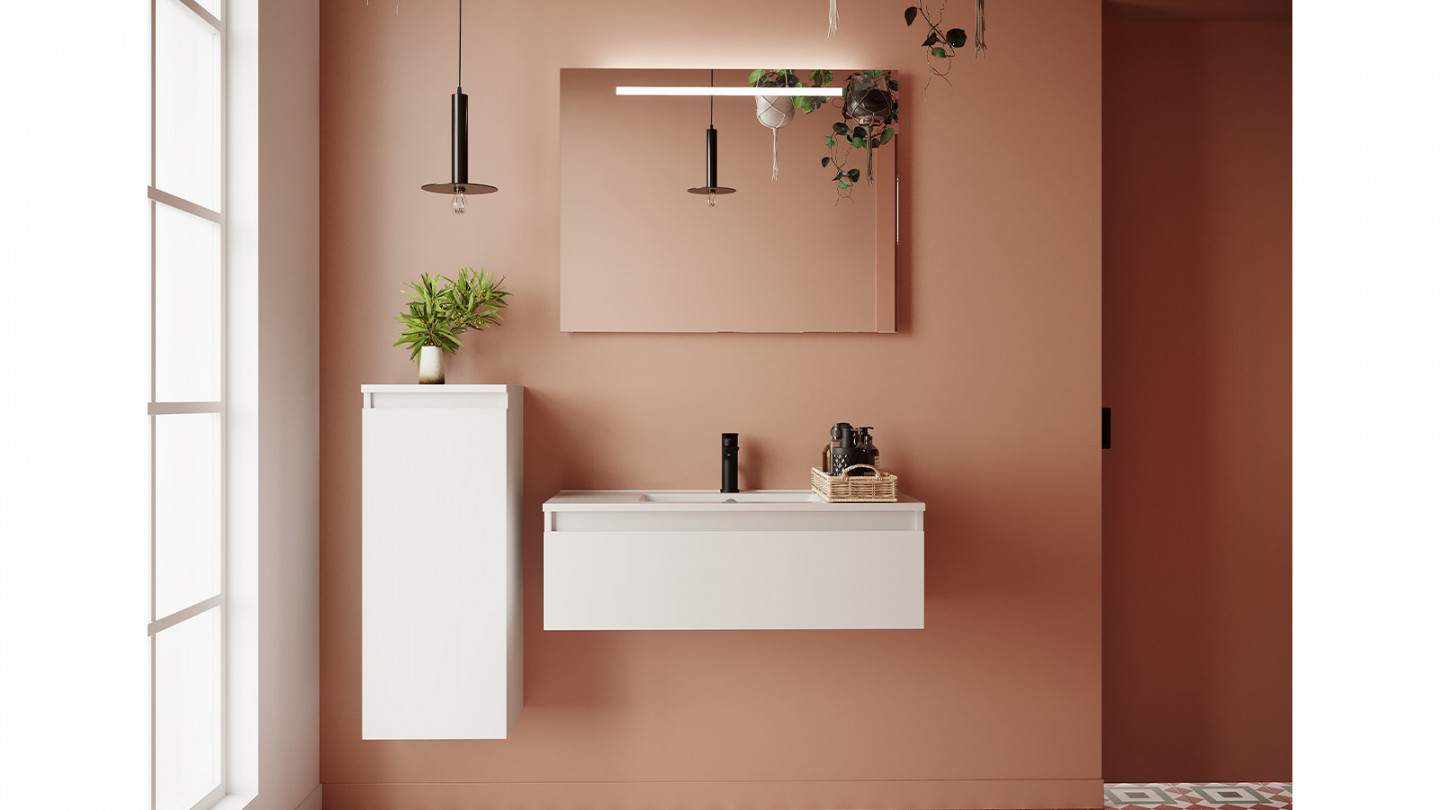 Meuble de salle de bain suspendu vasque intégrée 90cm 1 tiroir Blanc + miroir - Rivage