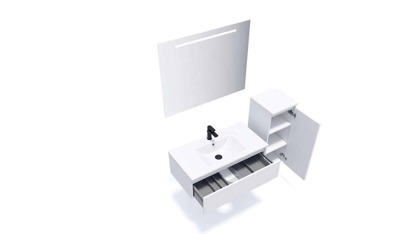 Meuble de salle de bain suspendu vasque intégrée 90cm 1 tiroir Blanc + miroir + colonne ouverture droite - Rivage