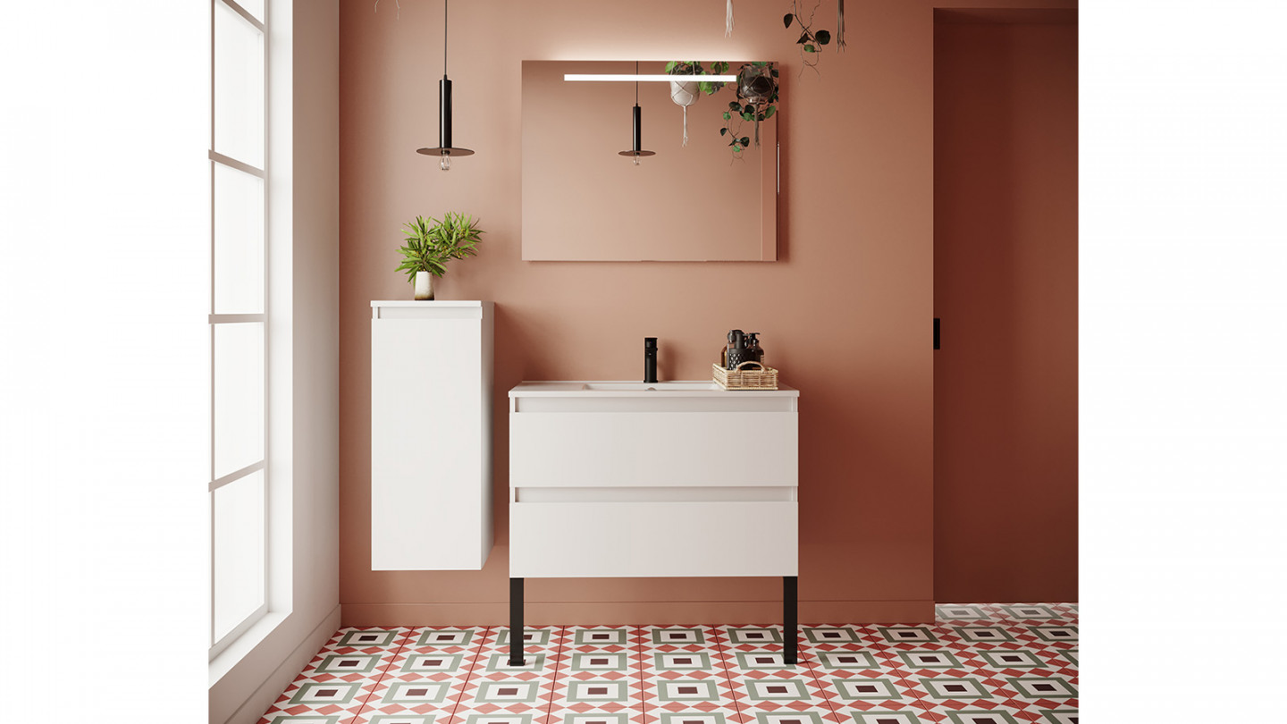 Meuble de salle de bain suspendu vasque intégrée 90cm 2 tiroirs Blanc - Rivage