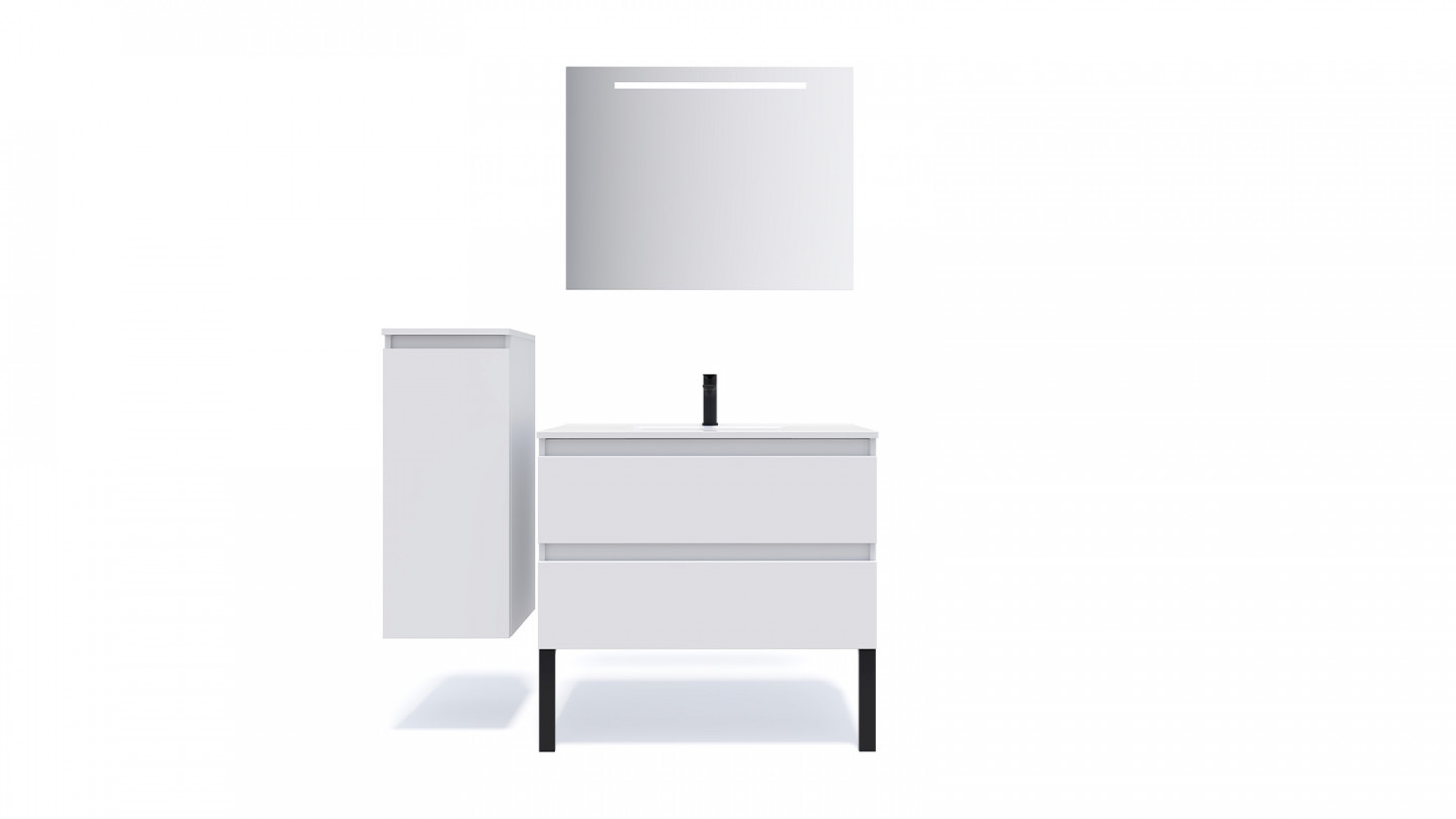 Meuble de salle de bain suspendu vasque intégrée 90cm 2 tiroirs Blanc + miroir - Rivage