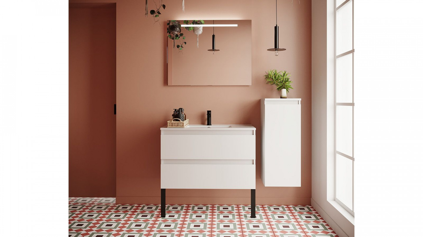 Meuble de salle de bain suspendu vasque intégrée 90cm 2 tiroirs Blanc + miroir + colonne ouverture droite - Rivage