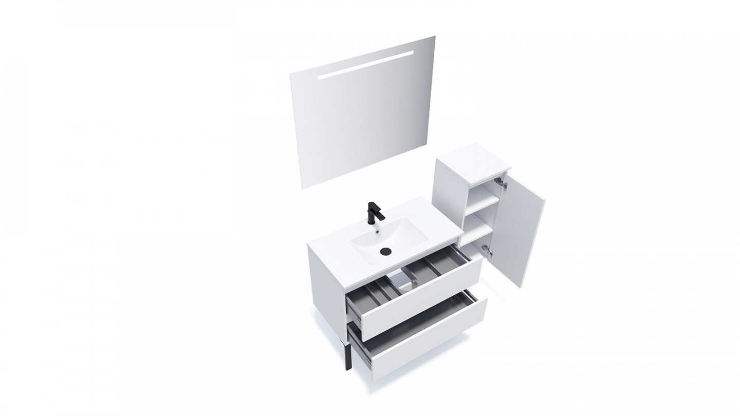 Meuble de salle de bain suspendu vasque intégrée 90cm 2 tiroirs Blanc + miroir + colonne ouverture droite - Rivage
