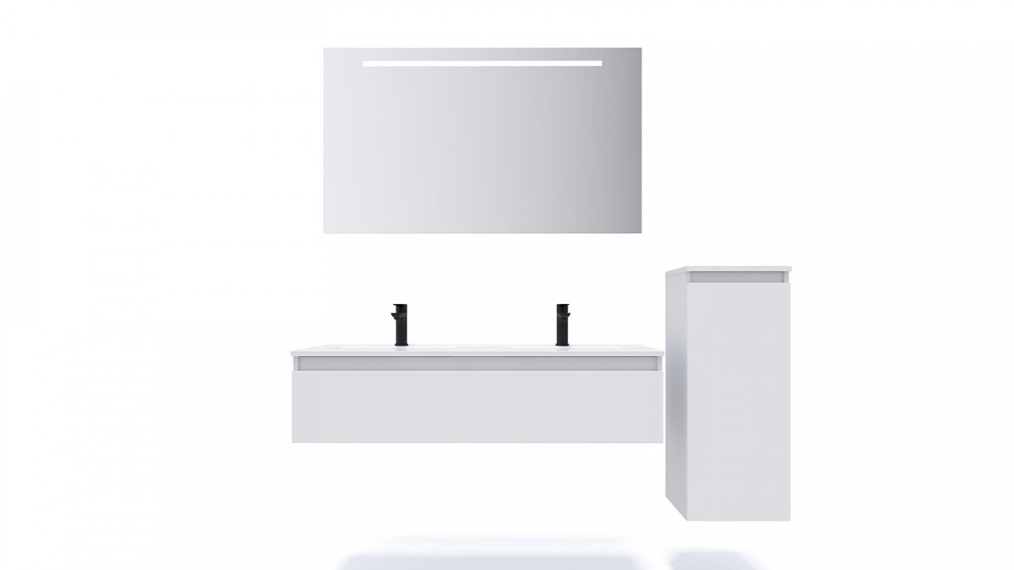 Meuble de salle de bain suspendu double vasque intégrée 120cm 1 tiroir Blanc + miroir + colonne ouverture droite - Rivage