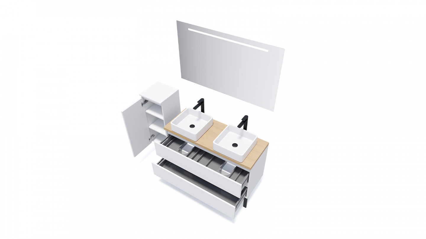 Meuble de salle de bain suspendu 2 vasques à poser 120cm 2 tiroirs Blanc + miroir - Rivage