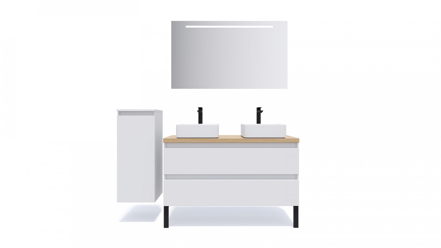 Meuble de salle de bain suspendu 2 vasques à poser 120cm 2 tiroirs Blanc + miroir - Rivage