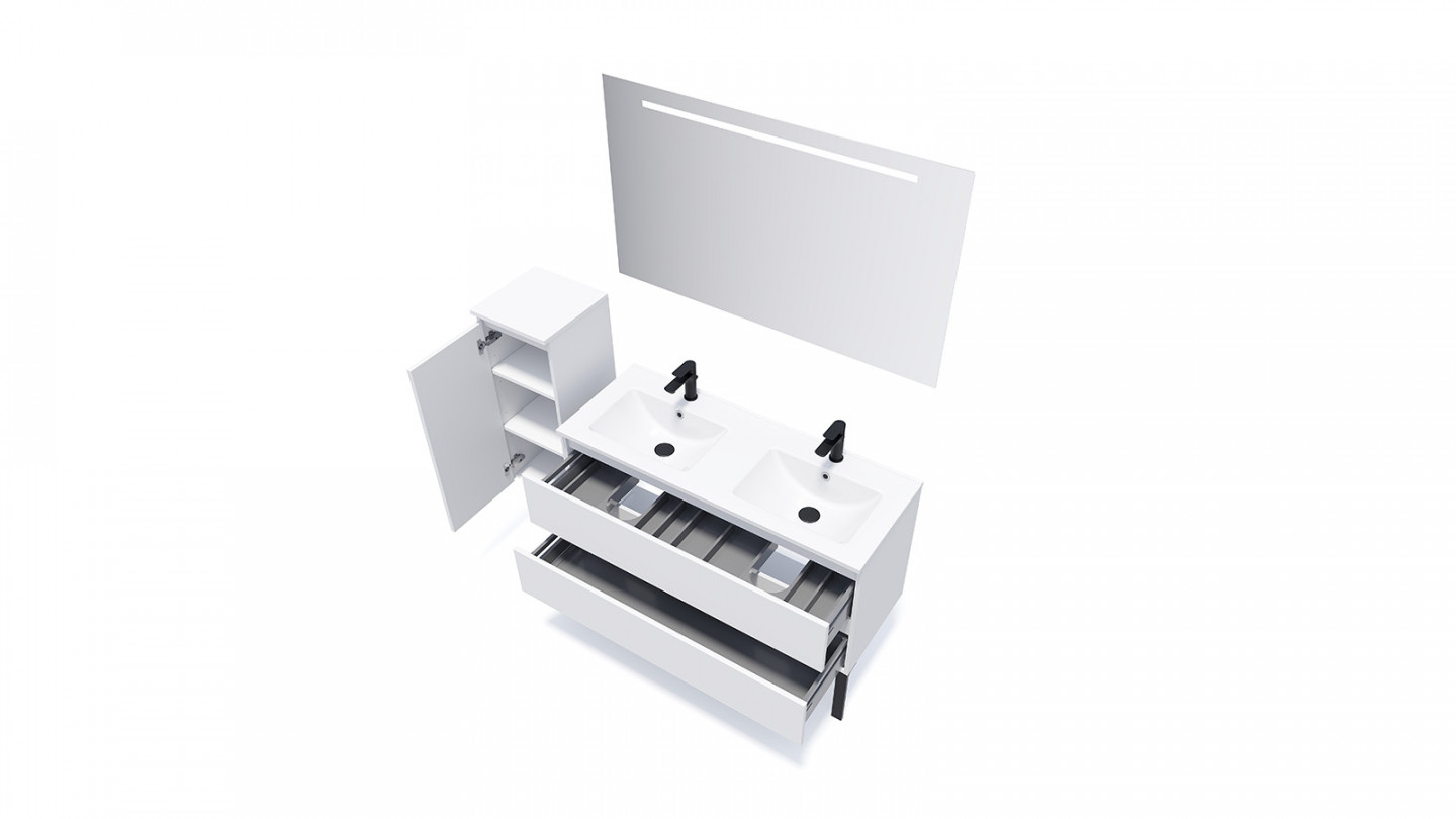 Meuble de salle de bain suspendu double vasque intégrée 120cm 2 tiroirs Blanc + miroir - Rivage