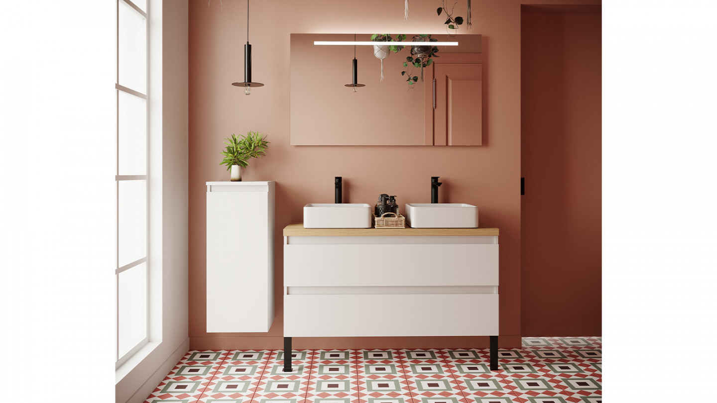 Meuble de salle de bain suspendu 2 vasques à poser 120cm 2 tiroirs Blanc + miroir + colonne ouverture gauche - Rivage