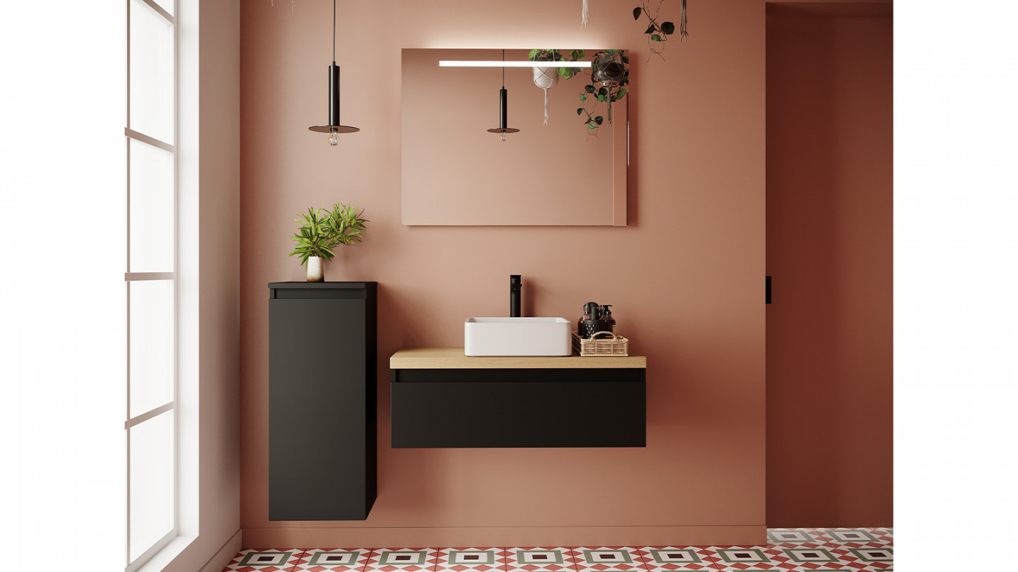 Meuble de salle de bain suspendu vasque à poser 90cm 1 tiroir Noir + miroir - Rivage