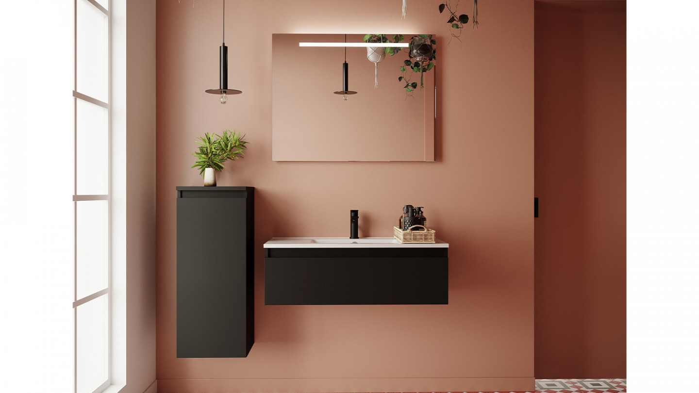 Meuble de salle de bain suspendu vasque intégrée 90cm 1 tiroir Noir + miroir - Rivage