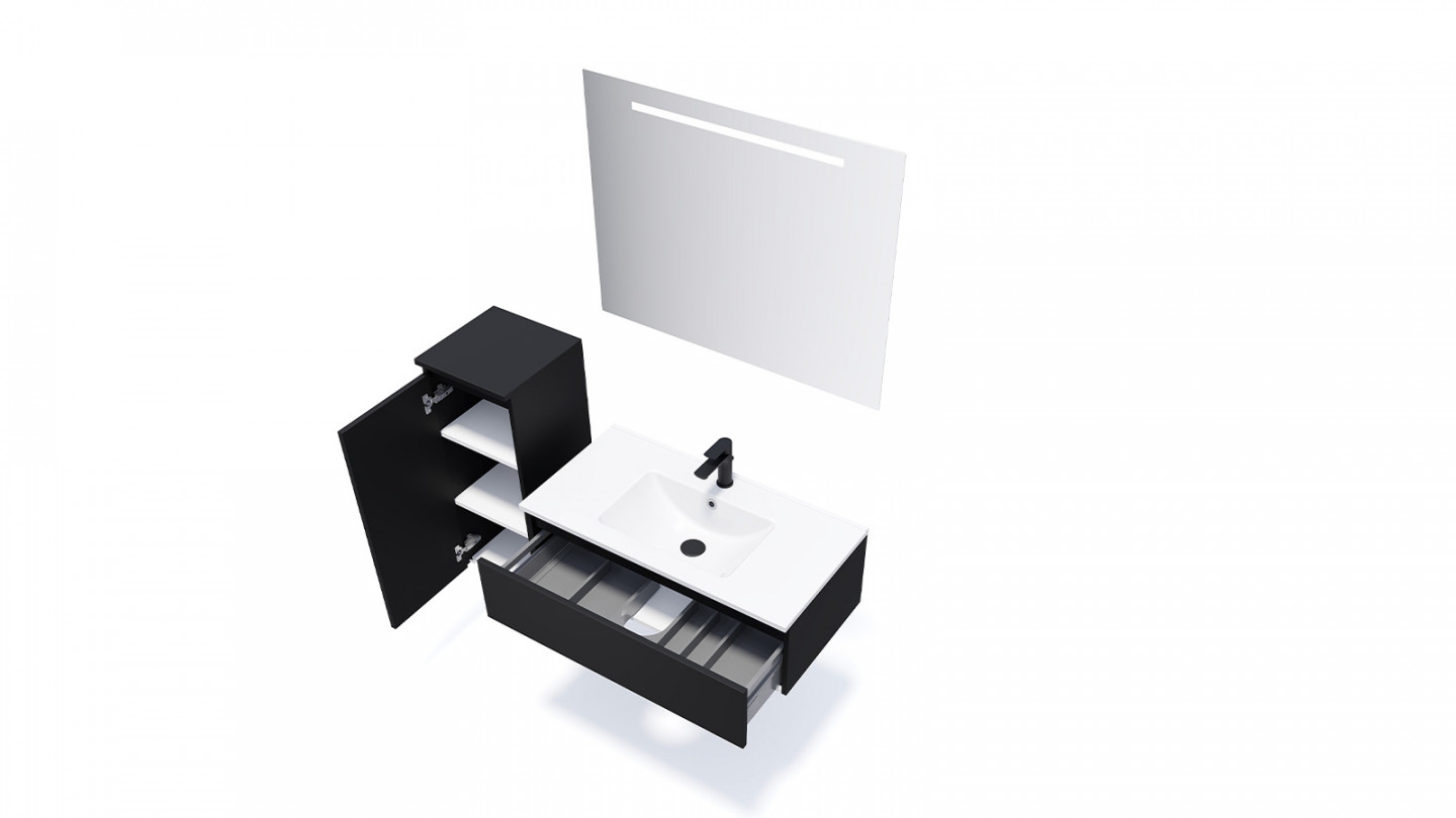 Meuble de salle de bain suspendu vasque intégrée 90cm 1 tiroir Noir + miroir - Rivage