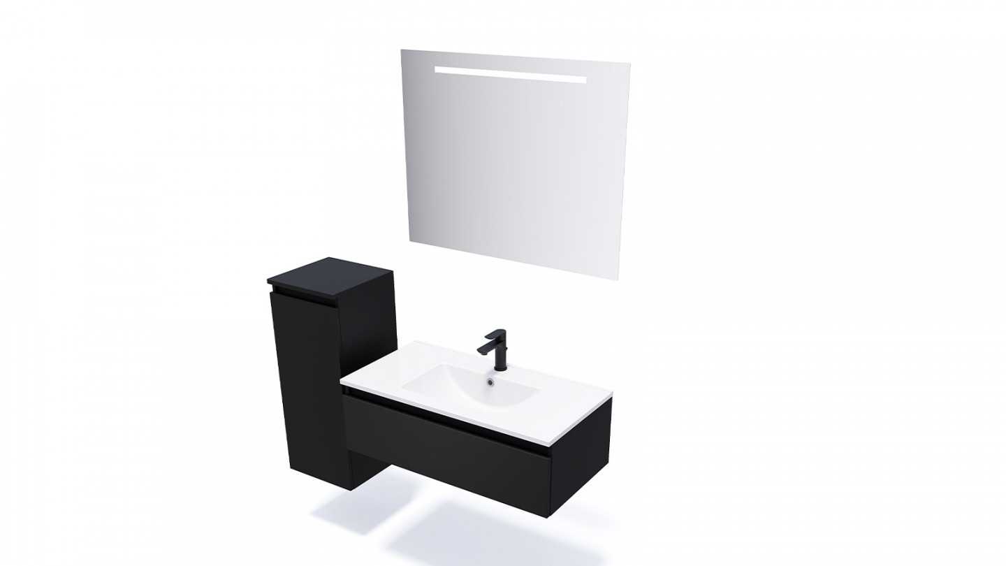 Meuble de salle de bain suspendu vasque intégrée 90cm 1 tiroir Noir + miroir + colonne ouverture gauche - Rivage