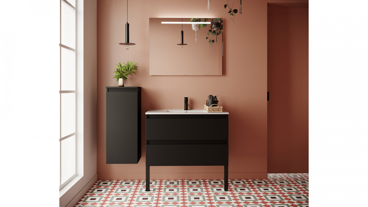 Meuble de salle de bain suspendu vasque intégrée 90cm 2 tiroirs Noir + miroir - Rivage