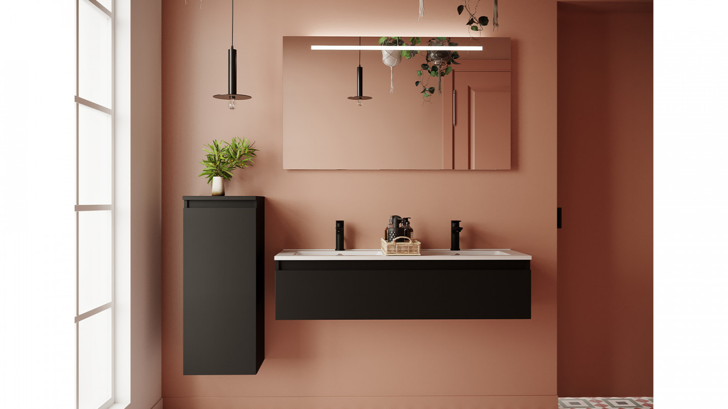 Meuble de salle de bain suspendu double vasque intégrée 120cm 1 tiroir Noir + miroir + colonne ouverture gauche - Rivage