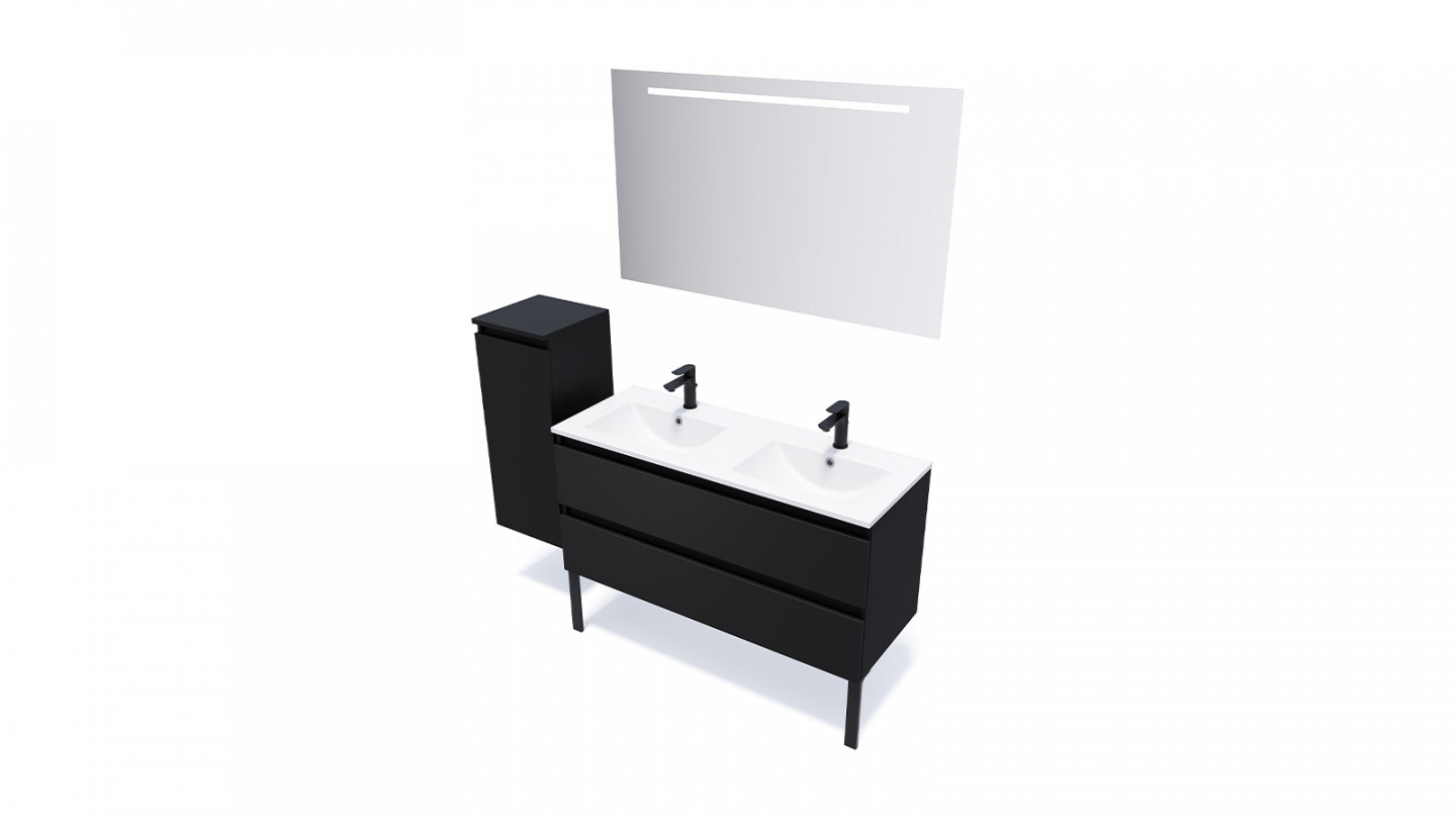 Meuble de salle de bain suspendu double vasque intégrée 120cm 2 tiroirs Noir + miroir + colonne ouverture gauche - Rivage