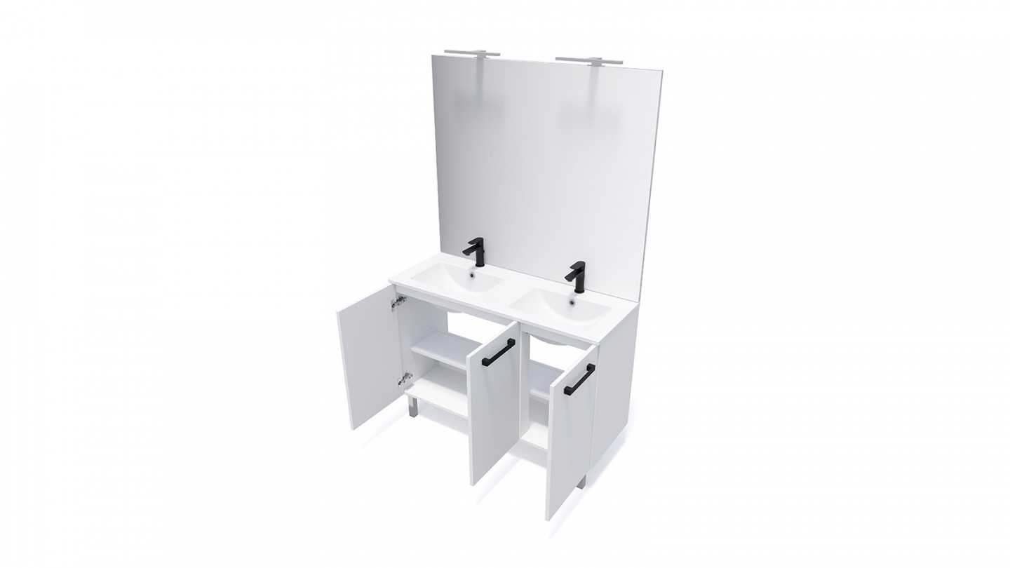 Meuble de salle de bain suspendu avec pieds double vasque intégrée 120cm 3 portes Blanc + miroir - Chango