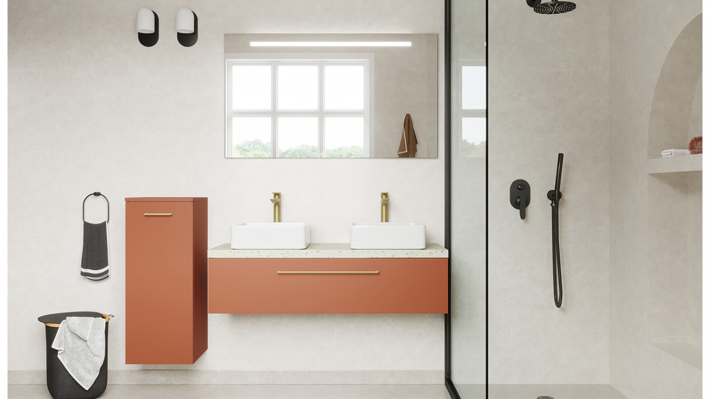 Meuble de salle de bain suspendu 2 vasques à poser 120cm 1 tiroir Terracotta - Osmose