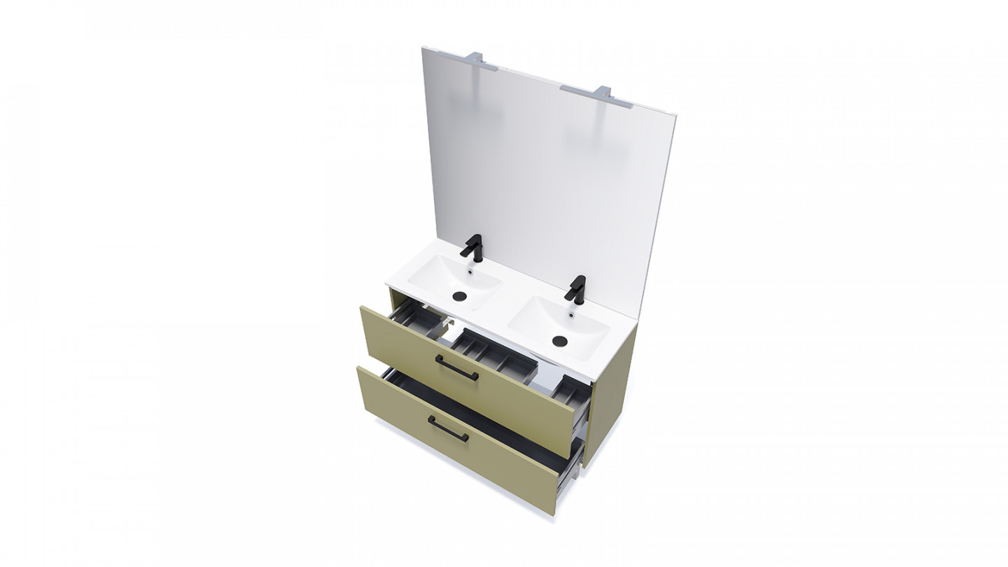 Meuble de salle de bain suspendu avec pieds double vasque intégrée 120cm 2 tiroirs Vert olive - Chango