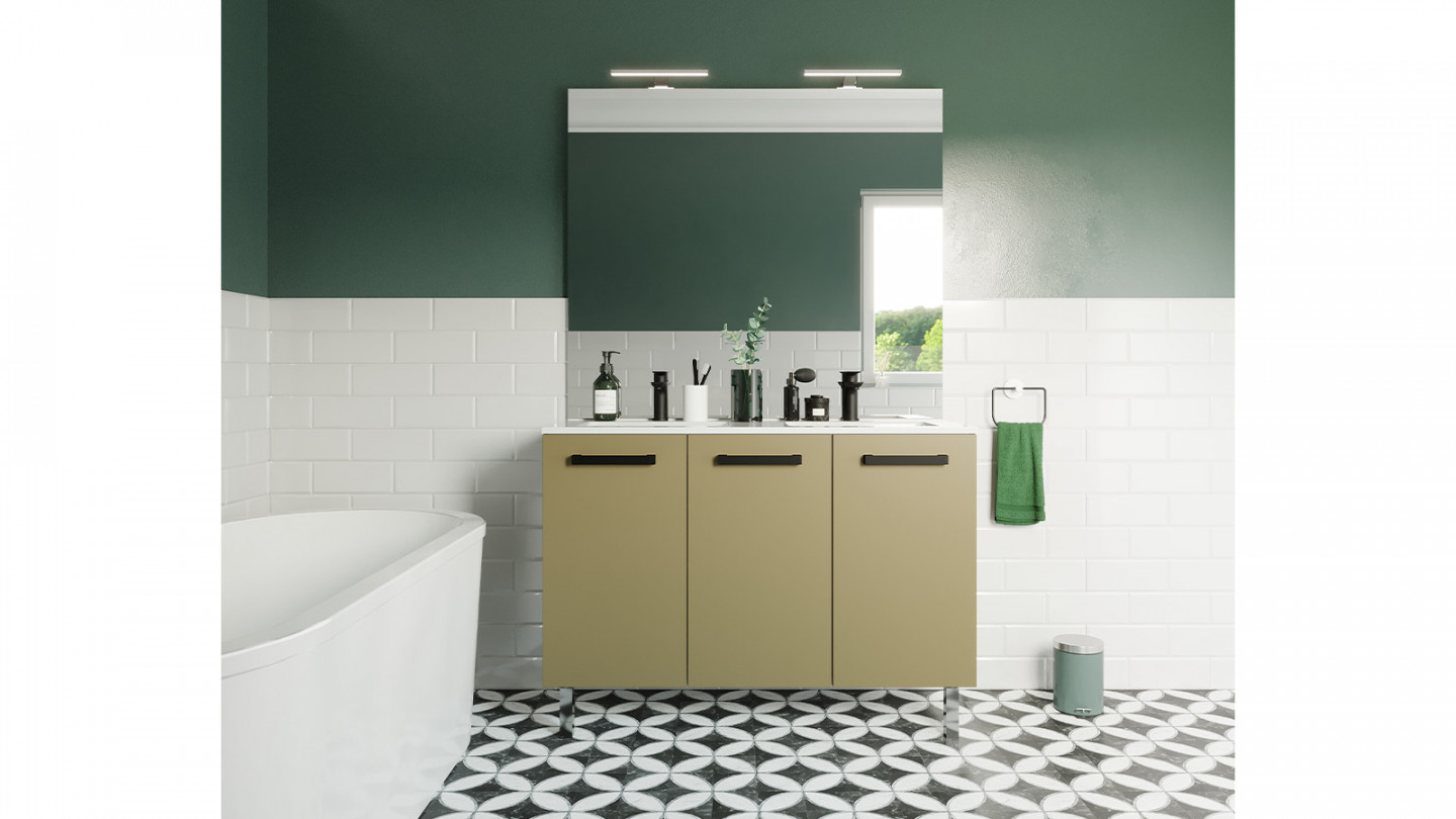 Meuble de salle de bain suspendu avec pieds double vasque intégrée 120cm 3 portes Vert olive + miroir - Chango