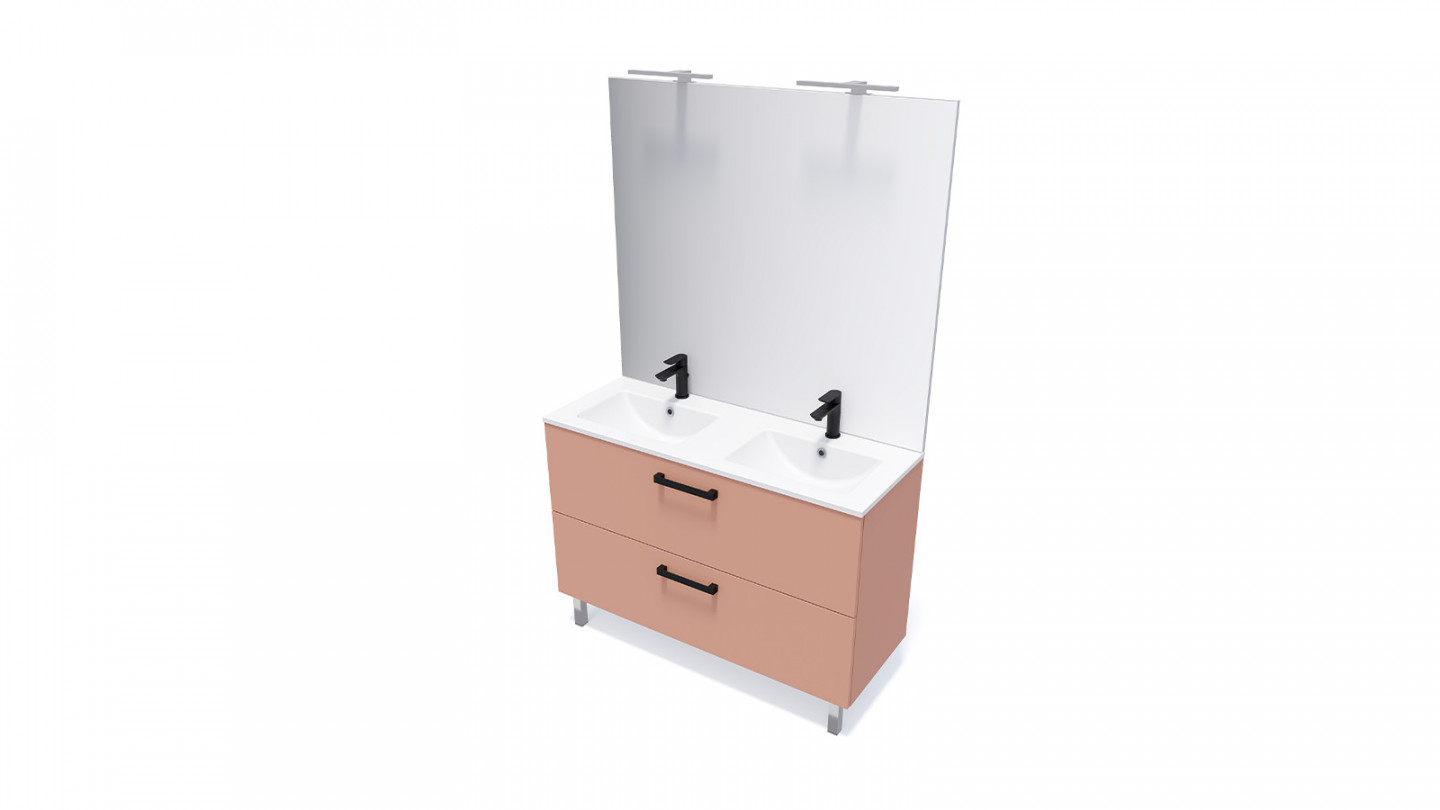 Meuble de salle de bain suspendu avec pieds double vasque intégrée 120cm 2 tiroirs Abricot + miroir - Chango