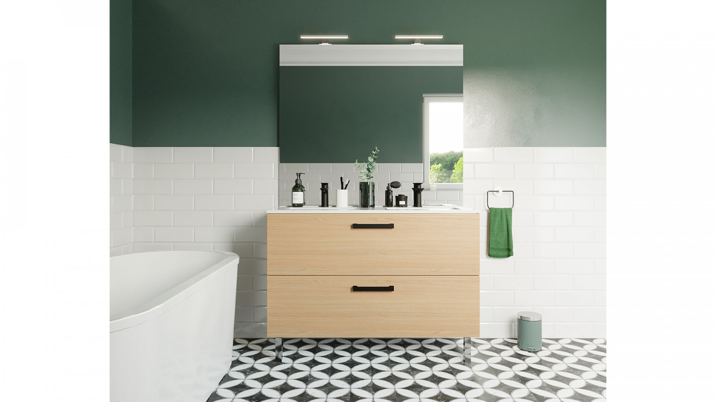Meuble de salle de bain suspendu avec pieds double vasque intégrée 120cm 2 tiroirs Chêne clair + miroir - Chango
