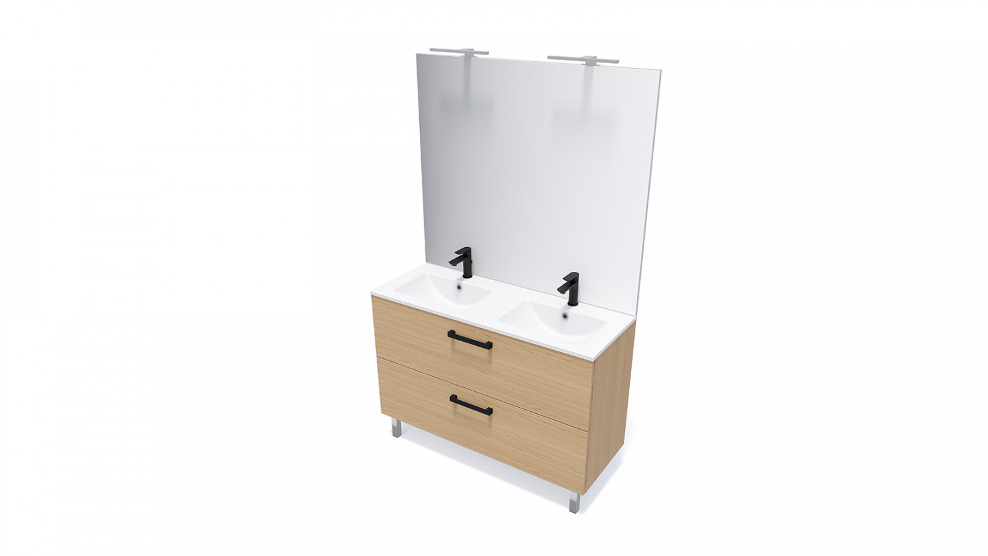 Meuble de salle de bain suspendu avec pieds double vasque intégrée 120cm 2 tiroirs Chêne clair + miroir - Chango
