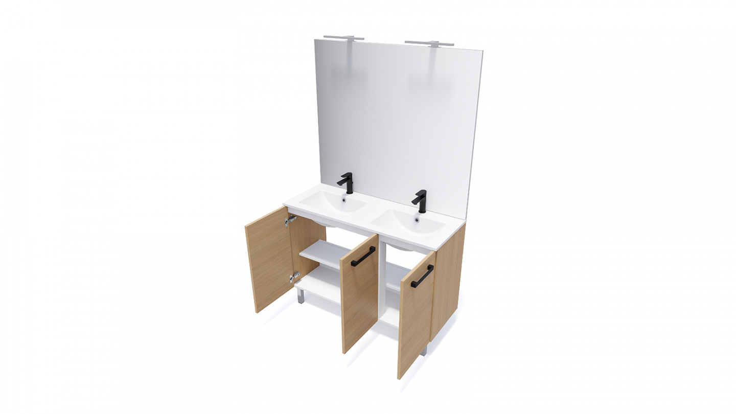 Meuble de salle de bain suspendu avec pieds double vasque intégrée 120cm 3 portes Chêne clair + miroir - Chango
