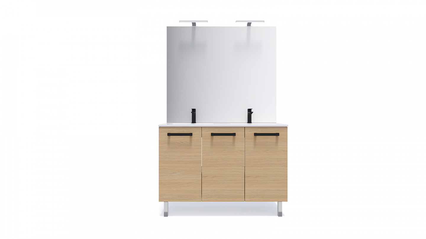 Meuble de salle de bain suspendu avec pieds double vasque intégrée 120cm 3 portes Chêne clair + miroir - Chango