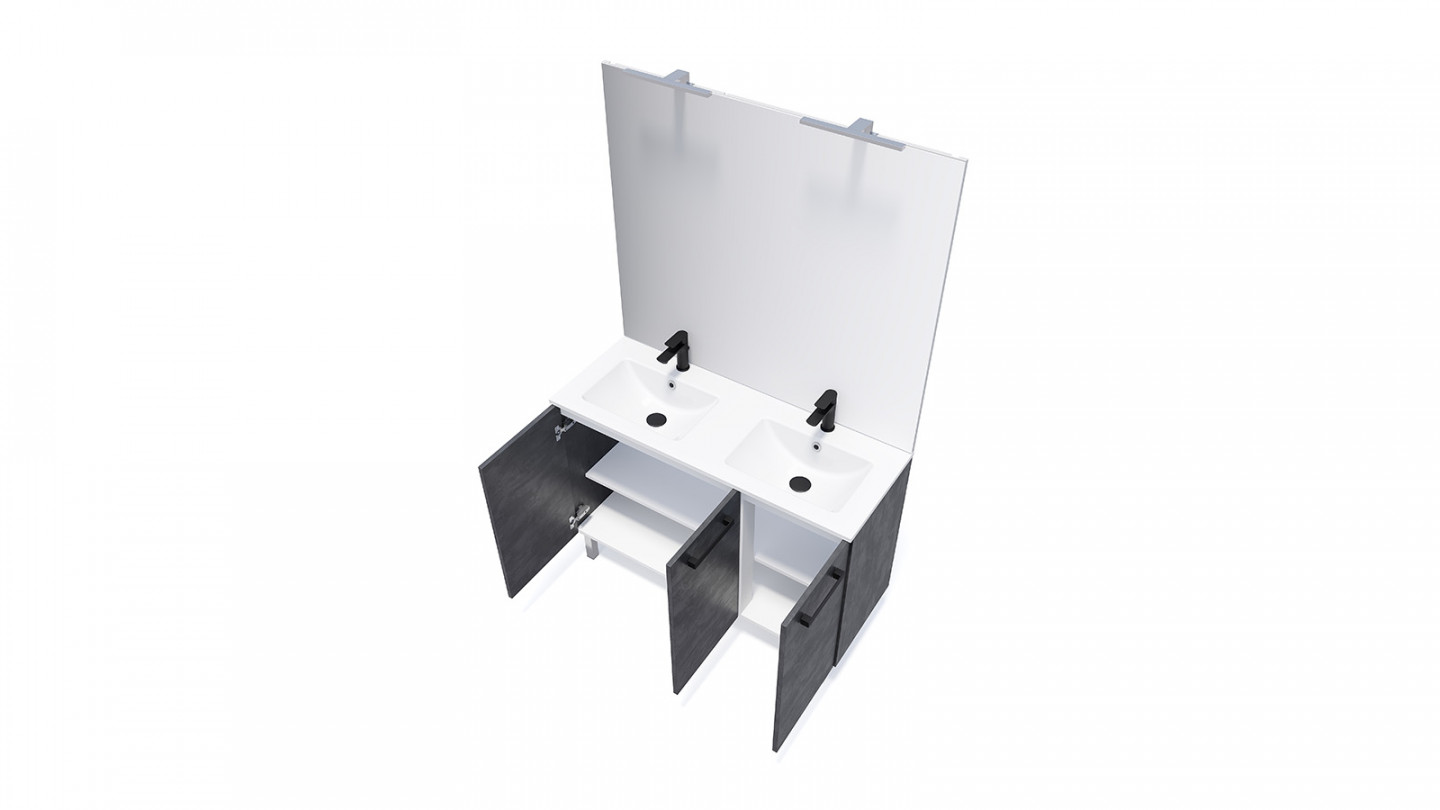 Meuble de salle de bain suspendu avec pieds double vasque intégrée 120cm 3 portes Ardoise métallisée + miroir - Chango