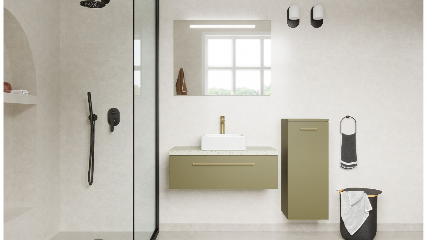 Meuble de salle de bain suspendu vasque à poser 90cm 1 tiroir Vert olive + miroir + colonne ouverture droite - Osmose