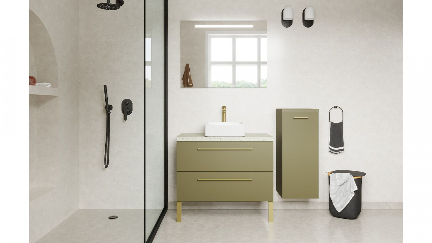 Meuble de salle de bain suspendu vasque à poser 90cm 2 tiroirs Vert olive + miroir + colonne ouverture droite - Osmose