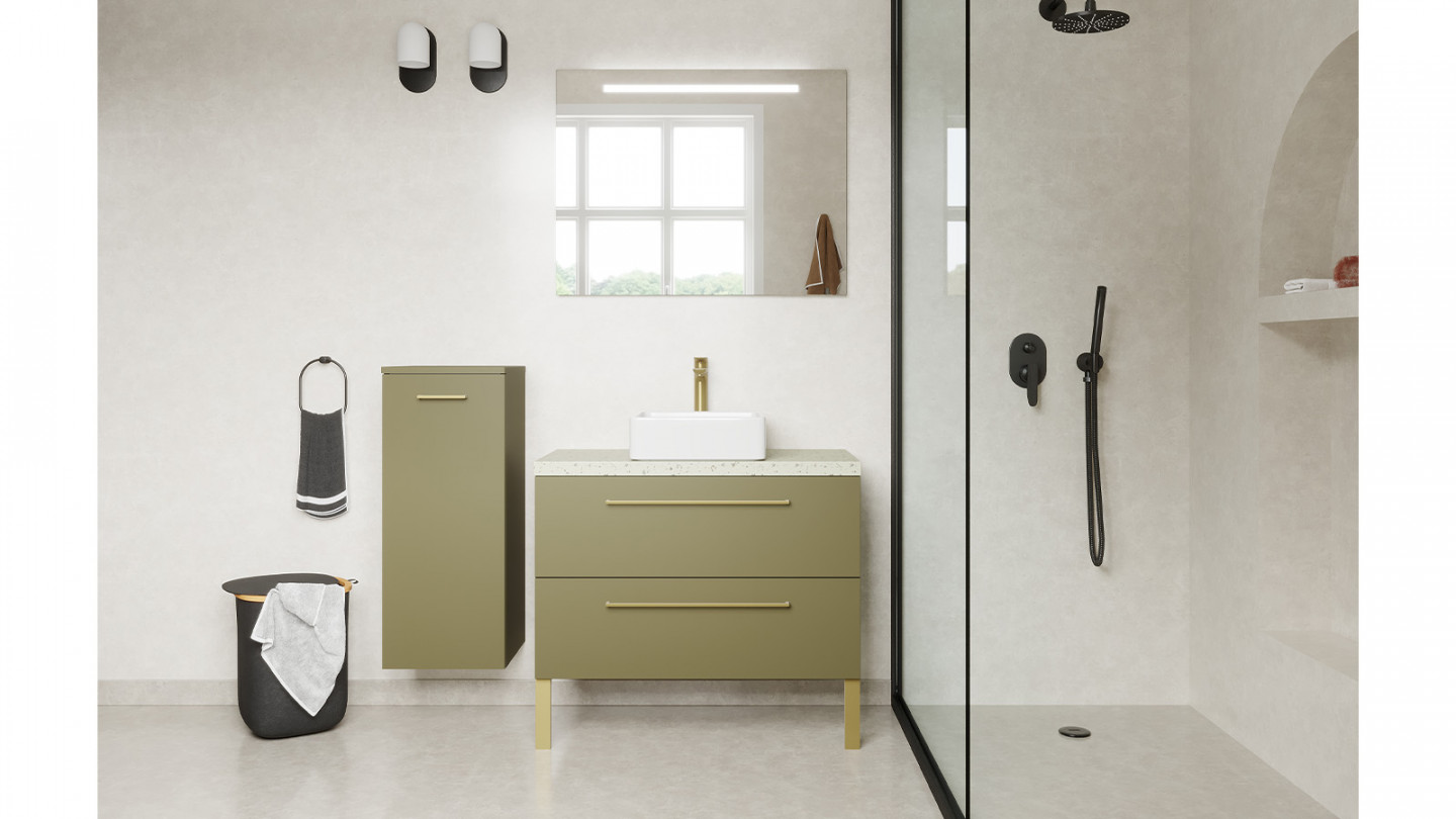 Meuble de salle de bain suspendu vasque à poser 90cm 2 tiroirs Vert olive + miroir + colonne ouverture gauche - Osmose
