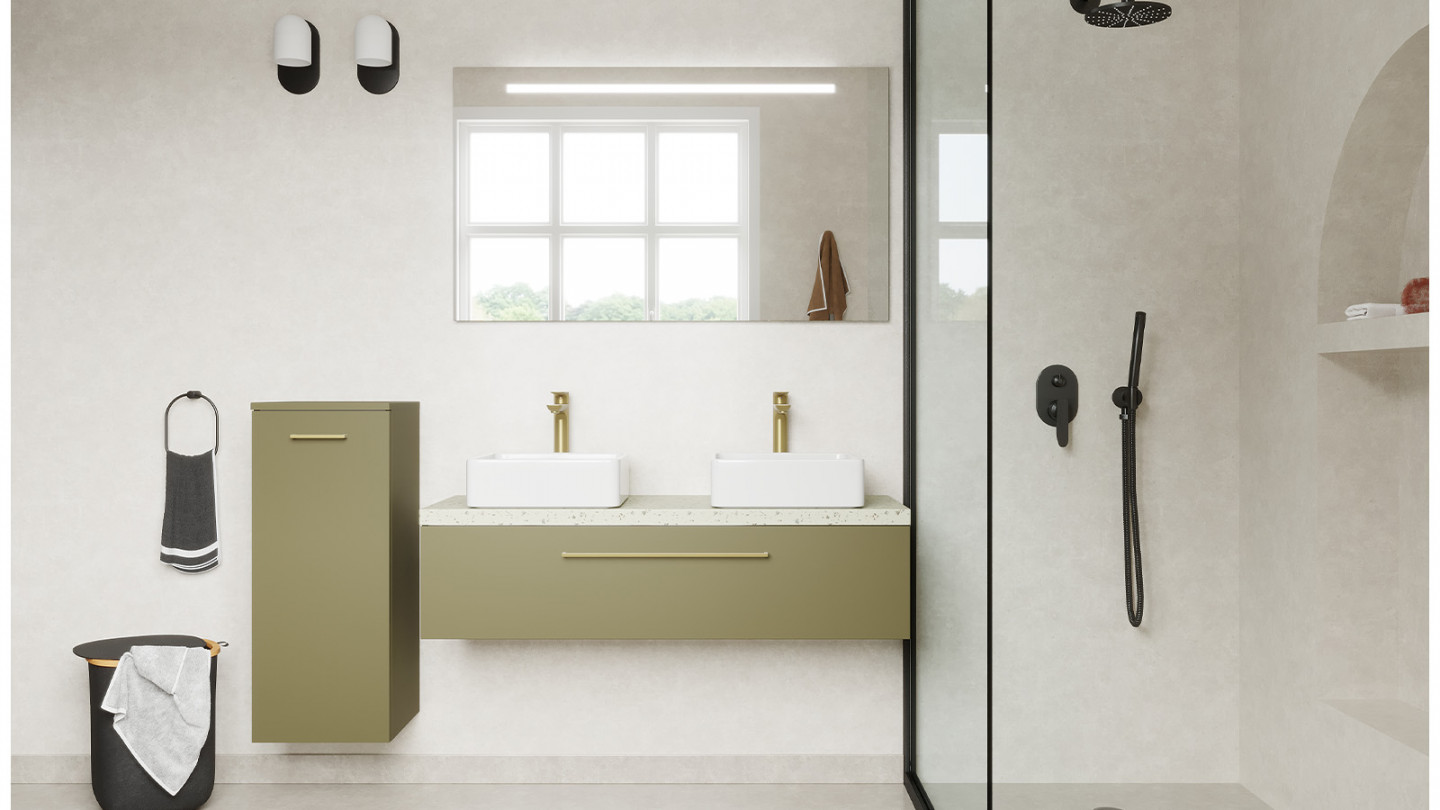 Meuble de salle de bain suspendu 2 vasques à poser 120cm 1 tiroir Vert olive + miroir - Osmose